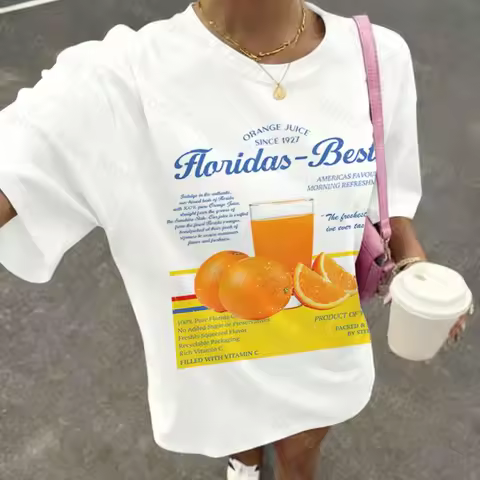 Women Vintage Florida Orange Juice T-Shirt Aesthetic Retro Fruit Print Tee Shirt Unisex 2026 Summer 