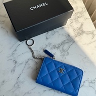 Chanel藍色羊皮銀雙C L型拉鍊零錢包👛