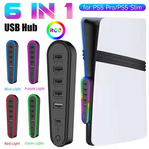 6Ports Expansion Hub RGB USB Connection for PS5 Pro/Slim USB Extender Data Transfer Extender for PS5