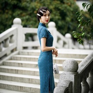 IBUY IBUY 2021 New Style Spring Summer Improved Slim-fit Slimmer Look Everyday Long Lace Blue Plaid 