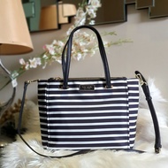 Kate Spade Black/White Stripes Print Women's Tote Bag with Sling Classic Medium Dawn Satchel Two Zip and Tab Closure Nylon Bag