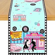 1950s Theme Table Runner, 50s Rock and Roll Retro Diner Linen Fabric Table Runner for Everyday Use 7