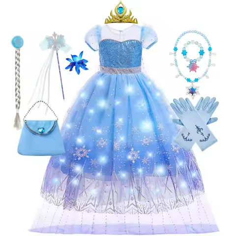 Fancy Snow Queen Elsa Anna Costume Girls Princess Dress Toddler Halloween Cosplay Party LED Light Ve