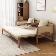 Solid Wood Sofa Bed Pull-out White Wax Bed Cotton Linen Soft Bag Rattan Sofa Bed Dual-Use Arhat Bed 