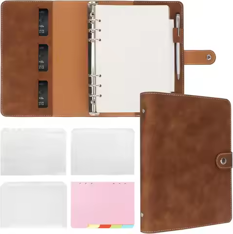 New Leather A5 Binder 6 Ring Binder Notebook - PU Leather Refillable Notebook with Binder Pockets, D