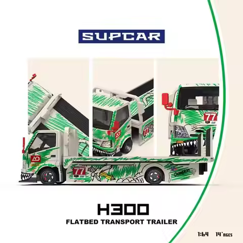 SUPCAR SC 1:64 H300 Flat Transport trailer Bone Dragon #77 White Green Dinosaur Diecast Model Car