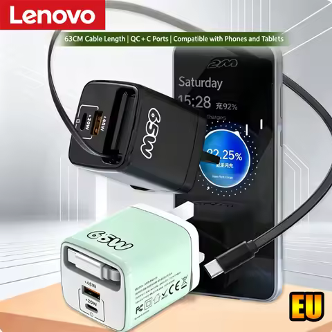 Lenovo PD65W Retractable Cable Charger Fast Charging Phone Charger 1 PD 1 USB Multi-Port Travel Char