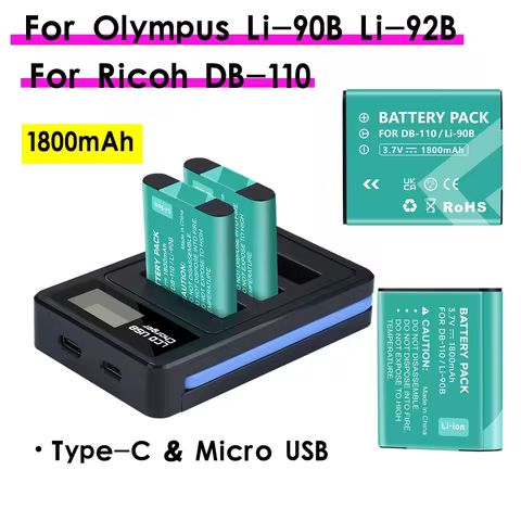 1800mAh Battery for Olympus Li-90B Li-92B Tough TG-7 TG-5 TG-6 TG-4 Battery for Ricoh DB-110 GR III 