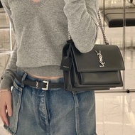 YSL 聖羅蘭 sunset日落中號郵差鏈條包 橄欖綠牛皮銀扣 尺寸22x16 附件掛件 塵袋