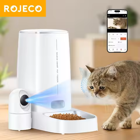 ROJECO 4L Automatic Cat Feeder With 360°Rotating Camera Vedio WiFi Cat Food Dispenser Pet Smart Voic