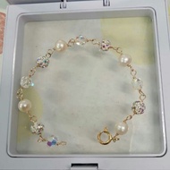 Gelang Tangan Budak/Dewasa Mutiara Asli Mix Swarovski Kristal AB Ikat Emas Suasa 14k Tulen