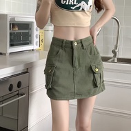 American Army Green Overalls Denim Skirt High Waist Hip a-Line Hot Girl Short Skirt Skirt Pants 11.1