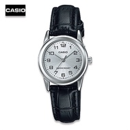 Velashop นาฬิกาข้อมือผู้หญิง Casio สายหนังสีดำ/หน้าปัดเงิน รุ่น LTP-V001L-7BUDF LTP-V001L-7B LTP-V001L