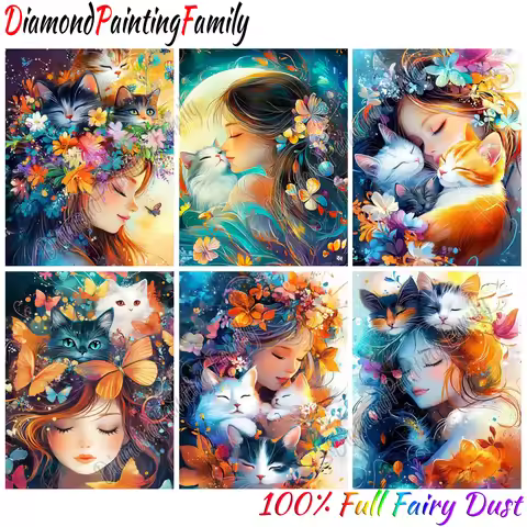 Diamond Painting Family Full Fairy Dust Crystal Resin Diamond Dot Art Color Cat Girl AB Drill Embroi