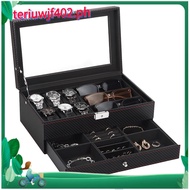 Watch Box, Mens Jewelry Box with 6 Slot Watch Case & 3 Slot Sunglasses Organizer, 2 Layers Lockable 