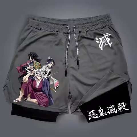 Demon Slayer Men's Double-layer Shorts Tengen Uzui Giyu Tomioka Shinobu Kocho Summer Anime Fake Two-