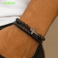 NICKOLAS Double-Row Braided Bracelet, Bible Verse Black Lava Rock Bead Bracelet, Simple Magnetic Lea