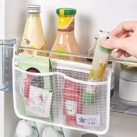 Refrigerator Storage Net Bag Double Compartment Hanging Mesh Organizer for Sauce Packets Spices Kitc