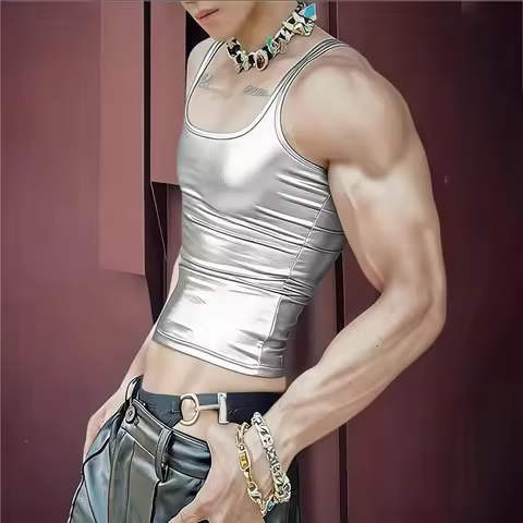Men Shiny Metallic Silver Crop Tank Top Slim Fit Sleeveless Square Neck Bodycon Vest For Nightclub P