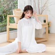 Women Oriental Clothing Yoga Set Chinese Style Cotton Linen Tai Chi Zen Tea Tang Suit White Qipao Tops Shirts Pants Trousers