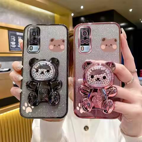 Glitter Bling Bear Phone Holder Case On For Vivo Y50 Y51 Y52S Y70S Y72 Y73S Y76S Y77E Y78 Y83 Y85 Y9