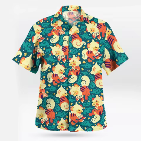 Pokemon Cute Hisuian Growlithe Pokemon Button Up Hawaiian Shirt Summer Sports Leisure Men's T-Shirt 