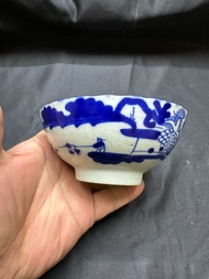 清代晚期青花山水人物碗古瓷器，完整包老，口沿小磕如圖。口徑12厘米，退