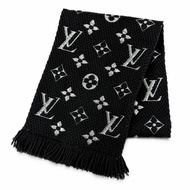 成色極佳 △LOUIS VUITTONM75833 Logomania Shine 羊毛真絲圍巾 黑色 義大利製造 正品 女士 帶盒