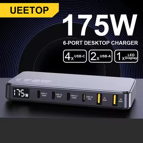 Ueetop 175W GaN USB C Charger LED Display 6-Port Desktop Charger Type C PD 100W PPS 45W Fast Chargin