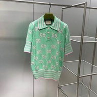 代購 義大利奢侈時裝品牌GUCCI古馳緹花條紋短袖POLO針織衫