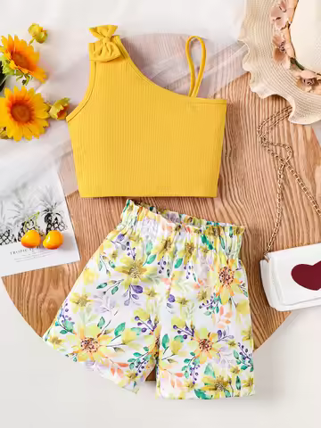 2PCS Summer Kids Girl Clothes Set Suspenders Bow Top+Flower Shorts Fashion Sense Design Party Costum