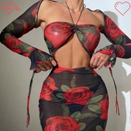 FAVORITEGOODS Woman Swimsuit, One-piece Sexy Swimwear,  Padded Bra Rose Print Long Sleeve Bikini Set Woman Beach Wear