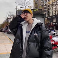 假兩件棉衣男冬季韓版寬鬆PU皮加厚連帽棉服港風潮牌帥氣棉襖外套-黑色 M