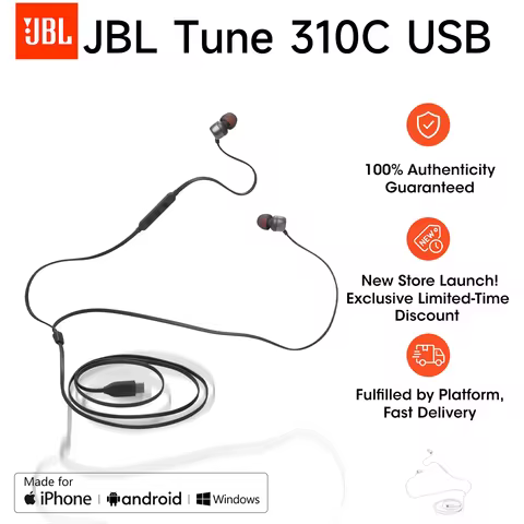 JBL Tune 310C - Wired Hi-Res In-Ear Headphones, Tangle-Free Flat Cable, 3-Button Remote with Microph