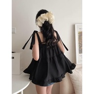 Women's dumpling-style shirt, babydoll 2-strap shirt made of raw silk with adjustable shoulder bow, 