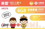 中國聯通 - 8日【東盟】泰國、老撾、柬埔寨、越南 4G/3G 無限上網卡數據卡電話卡Sim咭(首4GB高速數據)