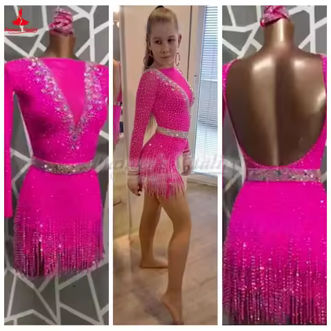 Adult and 7-14 Years Old Latin Dance Long Sleeves Dresses Customization Chacha Samba Rumba Jive Comp