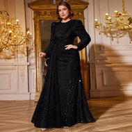 Plus Size Women V-Neck Sequin Embellished Bishop Sleeve Ruched Slit Dress, Elegant Evening Gown,Part