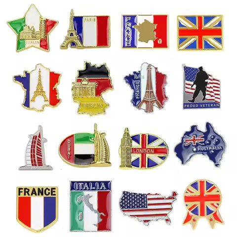Italy Germany Map Enamel Pins Dubai British Famous Building Alloy Badges American Australia Tourist 