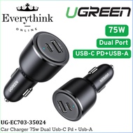 UGREEN 75W DUAL USB-C PD USB-A FAST CAR CHARGER SUPPORTS PD3.0 QC3.0 PPS FOR LAPTOP PHONE TABLET (UG