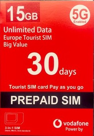 Vodafone - 【歐洲 29個國家和地區】30日 5G/4G 無限上網數據卡 (15GB高速數據) [H20A274]