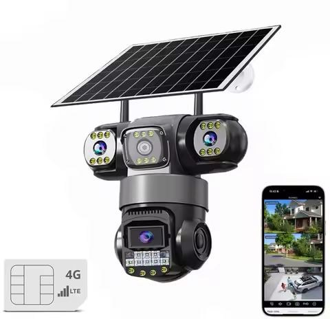 Solar Powered 4G Security Camera 12MP 6K Triple Lens PTZ with SIM Card Slot Night Vision 3 Screen Mo