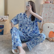 Korean Silk Print Sleepwear Pajama Set For Women Nightwear