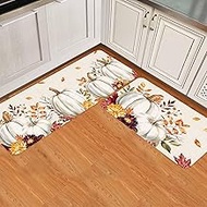 Orange White Pumpkins Kitchen Rugs 2 Piece, Pumpkin Autumn Maple Leaf Floral Harvest Kitchen Mats fo