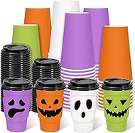 JarThenaAMCS 48 Sets Halloween Coffee Cups with Lids and Sleeves 16oz Funny Colored Ghost Paper Cups