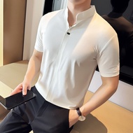 Summer Thin Ice Silk Elastic Knitted Short Sleeve T-Shirt Mens Fashion V-Neck Quince Fruit Leaf Half