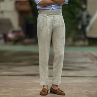 British Style Men Gurkha Linen Pant High Waist Straight  Ankle-Length Pants Spring Summer High Quali