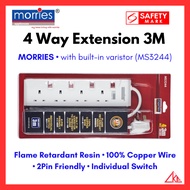 Morries 4Way 3M Power Extension Socket with Surge Protector Power Strip Cord