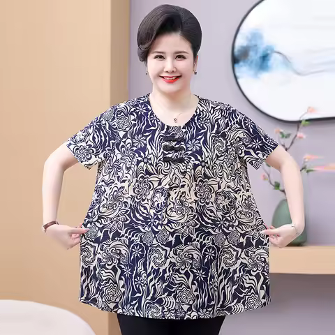 Middle Aged Elderly Women's Clothing Plus Size Summer Vintage Floral Printed Loose T-shirts Casual O