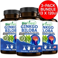 [Bundle of 3] Biofinest Ginkgo Biloba 5000mg Supplement - Vitamin B6 B12 Folic Acid Bacopa - Brain F